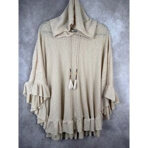 Kye Mi Beige Hooded Poncho Ruffle Trim Tassel Drawstrings Boho Size Medium